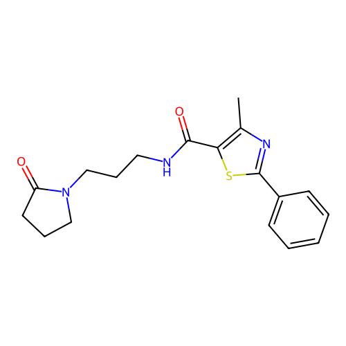 4-methyl-N-[3-(2-oxopyrrolidin-1-yl)propyl]-2-phenyl-1,3-thiazole-5-carboxamide structure