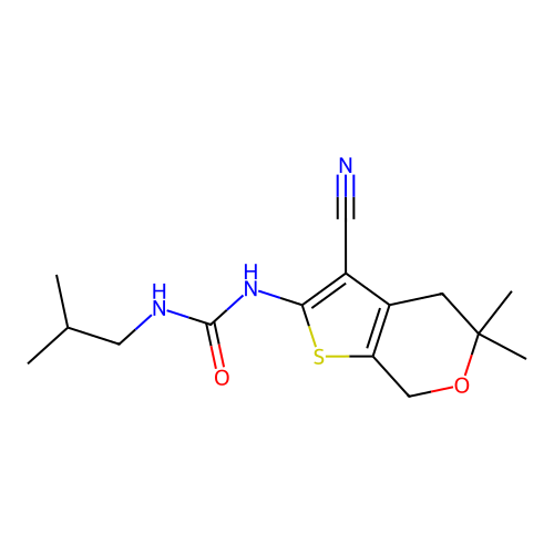 1-(3-cyano-5,5-dimethyl-4,7-dihydrothieno[2,3-c]pyran-2-yl)-3-(2-methylpropyl)urea structure