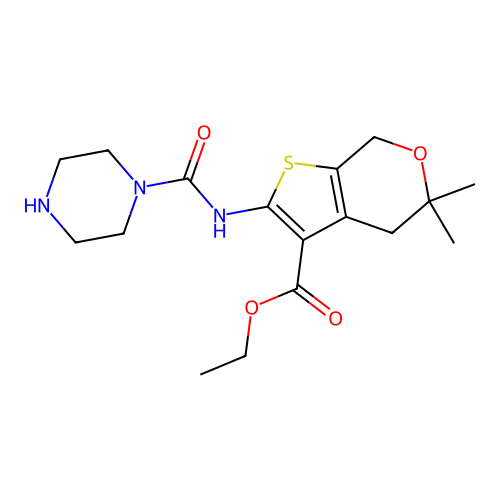 ethyl 5,5-dimethyl-2-(piperazine-1-carboxamido)-5,7-dihydro-4H-thieno[2,3-c]pyran-3-carboxylate structure