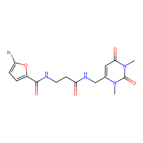 5-bromo-N-(3-(((1,3-dimethyl-2,6-dioxo-1,2,3,6-tetrahydropyrimidin-4-yl)methyl)amino)-3-oxopropyl)furan-2-carboxamide structure