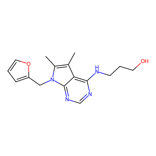 3-[[7-(furan-2-ylmethyl)-5,6-dimethylpyrrolo[2,3-d]pyrimidin-4-yl]amino]propan-1-ol structure