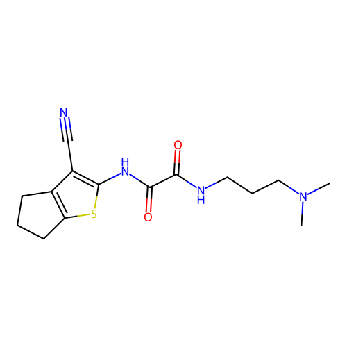 N'-(3-cyano-5,6-dihydro-4H-cyclopenta[b]thiophen-2-yl)-N-[3-(dimethylamino)propyl]oxamide structure