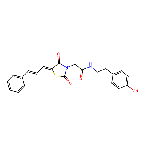 2-{(5Z)-2,4-dioxo-5-[(2E)-3-phenylprop-2-en-1-ylidene]-1,3-thiazolidin-3-yl}-N-[2-(4-hydroxyphenyl)ethyl]acetamide structure