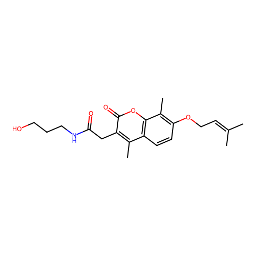 2-(4,8-dimethyl-7-((3-methylbut-2-en-1-yl)oxy)-2-oxo-2H-chromen-3-yl)-N-(3-hydroxypropyl)acetamide structure