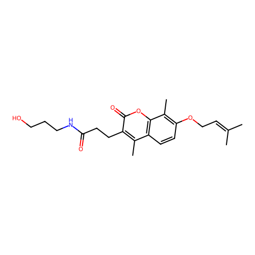 3-(4,8-dimethyl-7-((3-methylbut-2-en-1-yl)oxy)-2-oxo-2H-chromen-3-yl)-N-(3-hydroxypropyl)propanamide structure