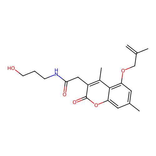 2-(4,7-dimethyl-5-((2-methylallyl)oxy)-2-oxo-2H-chromen-3-yl)-N-(3-hydroxypropyl)acetamide structure
