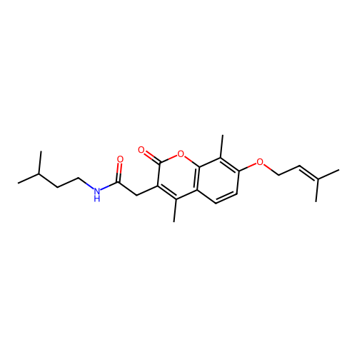 2-(4,8-dimethyl-7-((3-methylbut-2-en-1-yl)oxy)-2-oxo-2H-chromen-3-yl)-N-isopentylacetamide structure