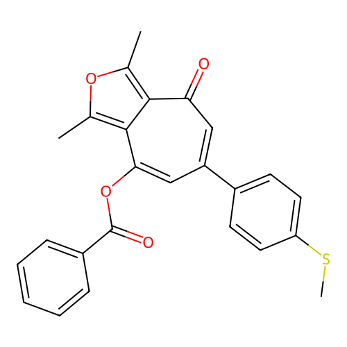 1,3-dimethyl-6-(4-(methylthio)phenyl)-4-oxo-4H-cyclohepta[c]furan-8-yl benzoate structure