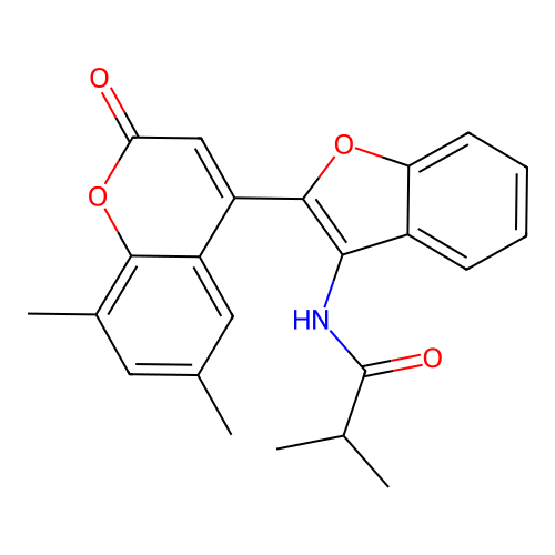 N-[2-(6,8-dimethyl-2-oxochromen-4-yl)-1-benzofuran-3-yl]-2-methylpropanamide structure
