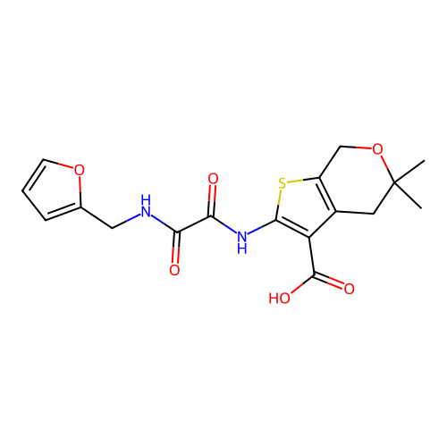 2-({[(furan-2-ylmethyl)amino](oxo)acetyl}amino)-5,5-dimethyl-4,7-dihydro-5H-thieno[2,3-c]pyran-3-carboxylic acid structure