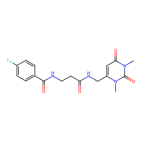 N-(3-(((1,3-dimethyl-2,6-dioxo-1,2,3,6-tetrahydropyrimidin-4-yl)methyl)amino)-3-oxopropyl)-4-fluorobenzamide structure