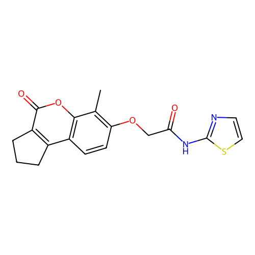 2-((6-methyl-4-oxo-1,2,3,4-tetrahydrocyclopenta[c]chromen-7-yl)oxy)-N-(thiazol-2-yl)acetamide structure