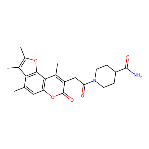 1-(2-(2,3,4,9-tetramethyl-7-oxo-7H-furo[2,3-f]chromen-8-yl)acetyl)piperidine-4-carboxamide structure