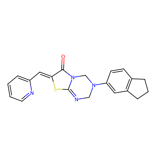 (7Z)-3-(2,3-dihydro-1H-inden-5-yl)-7-(pyridin-2-ylmethylidene)-2,4-dihydro-[1,3]thiazolo[3,2-a][1,3,5]triazin-6-one structure