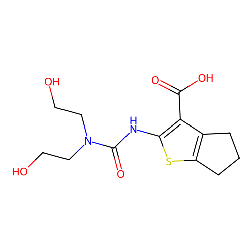 2-(3,3-bis(2-hydroxyethyl)ureido)-5,6-dihydro-4H-cyclopenta[b]thiophene-3-carboxylic acid structure
