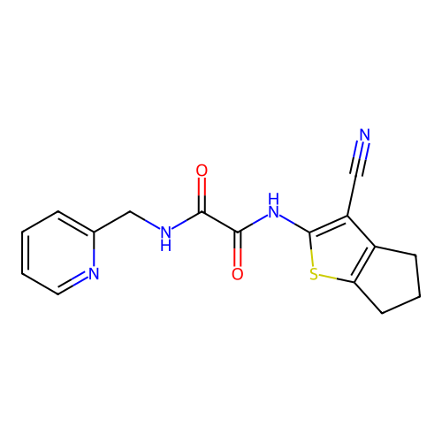N'-(3-cyano-5,6-dihydro-4H-cyclopenta[b]thiophen-2-yl)-N-(pyridin-2-ylmethyl)oxamide structure