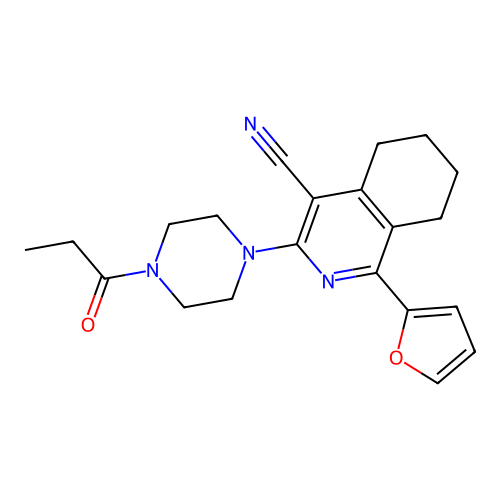 1-(furan-2-yl)-3-(4-propanoylpiperazin-1-yl)-5,6,7,8-tetrahydroisoquinoline-4-carbonitrile structure