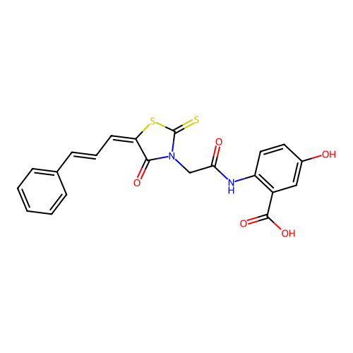 5-hydroxy-2-[({(5E)-4-oxo-5-[(2E)-3-phenylprop-2-en-1-ylidene]-2-thioxo-1,3-thiazolidin-3-yl}acetyl)amino]benzoic acid structure