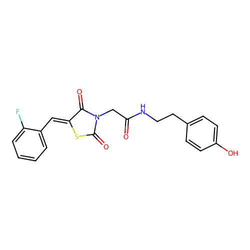 2-[(5Z)-5-(2-fluorobenzylidene)-2,4-dioxo-1,3-thiazolidin-3-yl]-N-[2-(4-hydroxyphenyl)ethyl]acetamide structure