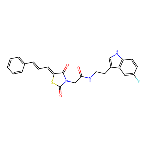 2-{(5Z)-2,4-dioxo-5-[(2E)-3-phenylprop-2-en-1-ylidene]-1,3-thiazolidin-3-yl}-N-[2-(5-fluoro-1H-indol-3-yl)ethyl]acetamide structure