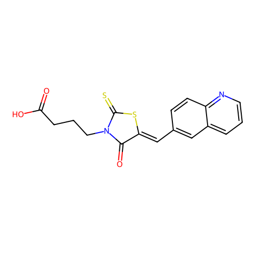 4-[(5Z)-4-oxo-5-(quinolin-6-ylmethylidene)-2-thioxo-1,3-thiazolidin-3-yl]butanoic acid structure