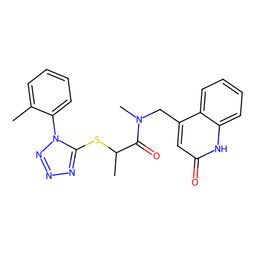 N-methyl-2-[1-(2-methylphenyl)tetrazol-5-yl]sulfanyl-N-[(2-oxo-1H-quinolin-4-yl)methyl]propanamide structure