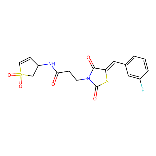 N-(1,1-dioxido-2,3-dihydrothiophen-3-yl)-3-[(5Z)-5-(3-fluorobenzylidene)-2,4-dioxo-1,3-thiazolidin-3-yl]propanamide structure