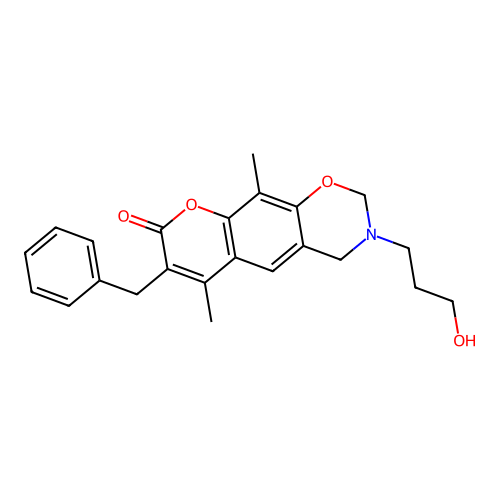 7-benzyl-3-(3-hydroxypropyl)-6,10-dimethyl-3,4-dihydrochromeno[6,7-e][1,3]oxazin-8(2H)-one structure