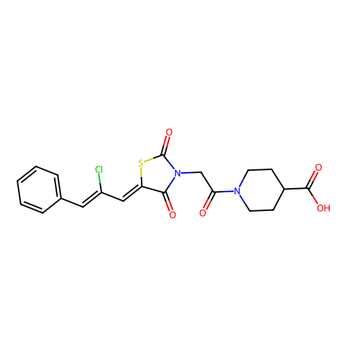 1-({(5Z)-5-[(2Z)-2-chloro-3-phenylprop-2-en-1-ylidene]-2,4-dioxo-1,3-thiazolidin-3-yl}acetyl)piperidine-4-carboxylic acid structure