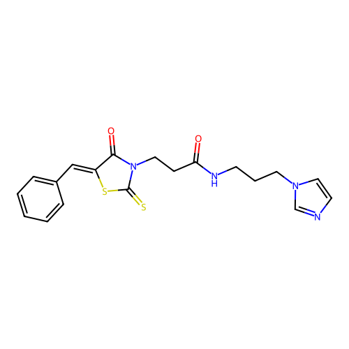 (Z)-N-(3-(1H-imidazol-1-yl)propyl)-3-(5-benzylidene-4-oxo-2-thioxothiazolidin-3-yl)propanamide structure