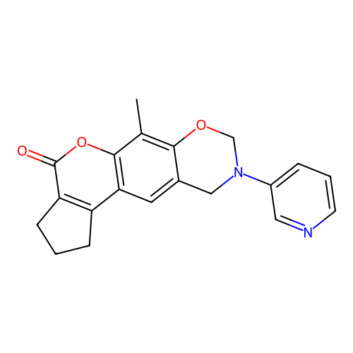 6-methyl-9-(pyridin-3-yl)-2,3,9,10-tetrahydro-8H-cyclopenta[3,4]chromeno[6,7-e][1,3]oxazin-4(1H)-one structure