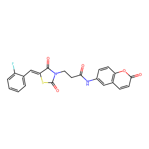 3-[(5Z)-5-(2-fluorobenzylidene)-2,4-dioxo-1,3-thiazolidin-3-yl]-N-(2-oxo-2H-chromen-6-yl)propanamide structure