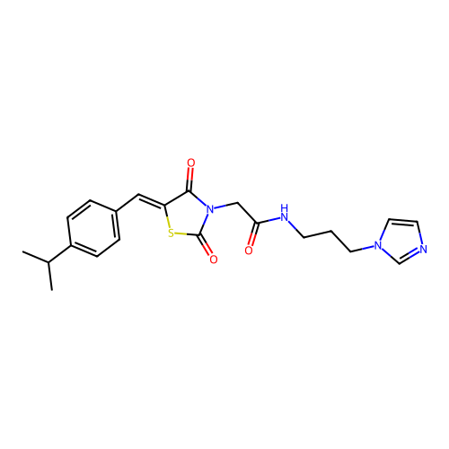 2-{(5Z)-2,4-dioxo-5-[4-(propan-2-yl)benzylidene]-1,3-thiazolidin-3-yl}-N-[3-(1H-imidazol-1-yl)propyl]acetamide structure