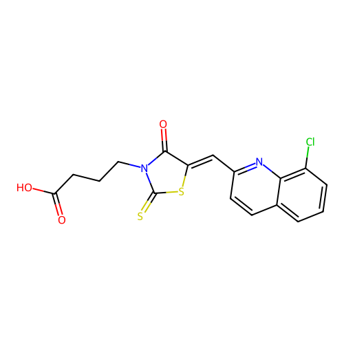 4-{(5Z)-5-[(8-chloroquinolin-2-yl)methylidene]-4-oxo-2-thioxo-1,3-thiazolidin-3-yl}butanoic acid structure