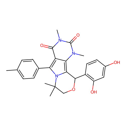 10-(2,4-dihydroxyphenyl)-1,3,7,7-tetramethyl-5-(4-methylphenyl)-1,7,8,10-tetrahydro-2H-pyrimido[4',5':3,4]pyrrolo[2,1-c][1,4]oxazine-2,4(3H)-dione structure