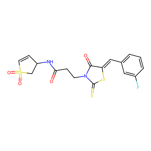 N-(1,1-dioxido-2,3-dihydrothiophen-3-yl)-3-[(5Z)-5-(3-fluorobenzylidene)-4-oxo-2-thioxo-1,3-thiazolidin-3-yl]propanamide structure