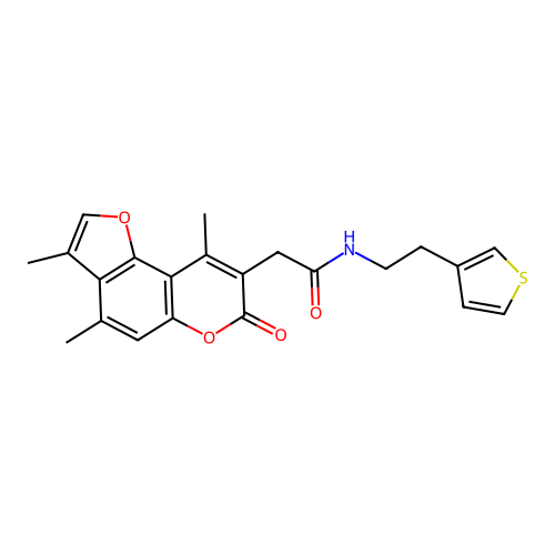 N-(2-(thiophen-3-yl)ethyl)-2-(3,4,9-trimethyl-7-oxo-7H-furo[2,3-f]chromen-8-yl)acetamide structure