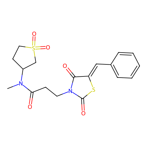 3-[(5Z)-5-benzylidene-2,4-dioxo-1,3-thiazolidin-3-yl]-N-(1,1-dioxothiolan-3-yl)-N-methylpropanamide structure