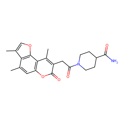 1-(2-(3,4,9-trimethyl-7-oxo-7H-furo[2,3-f]chromen-8-yl)acetyl)piperidine-4-carboxamide structure