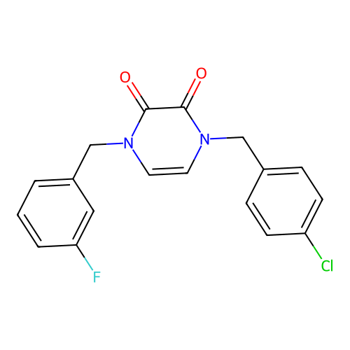 1-[(4-Chlorophenyl)methyl]-4-[(3-fluorophenyl)methyl]pyrazine-2,3-dione structure