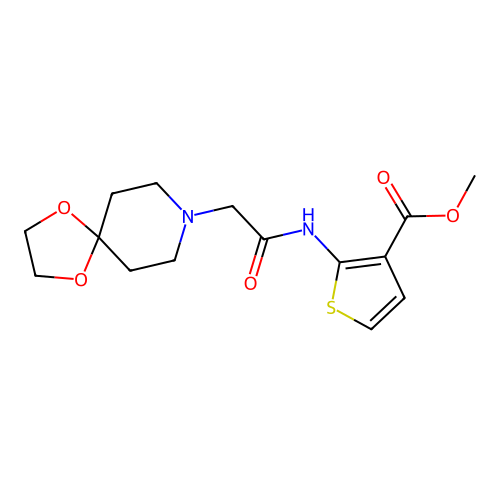 Methyl 2-[(1,4-dioxa-8-azaspiro[4.5]dec-8-ylacetyl)amino]thiophene-3-carboxylate structure
