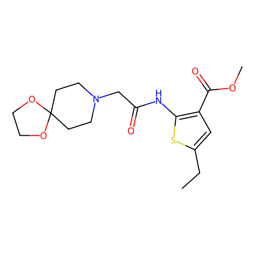 methyl 2-[(1,4-dioxa-8-azaspiro[4.5]dec-8-ylacetyl)amino]-5-ethylthiophene-3-carboxylate structure