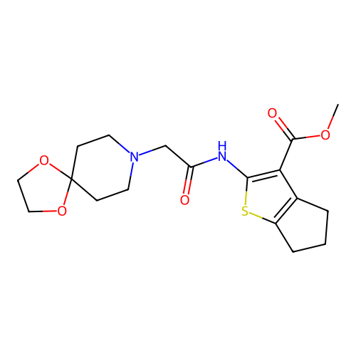 methyl 2-(2-(1,4-dioxa-8-azaspiro[4.5]decan-8-yl)acetamido)-5,6-dihydro-4H-cyclopenta[b]thiophene-3-carboxylate structure
