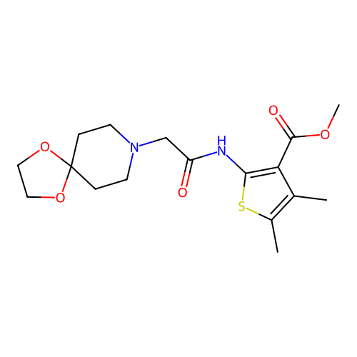 methyl 2-(2-(1,4-dioxa-8-azaspiro[4.5]decan-8-yl)acetamido)-4,5-dimethylthiophene-3-carboxylate structure