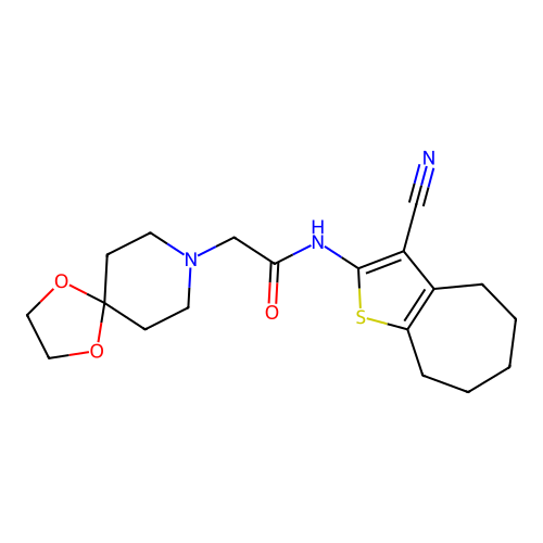 N-(3-cyano-5,6,7,8-tetrahydro-4H-cyclohepta[b]thiophen-2-yl)-2-(1,4-dioxa-8-azaspiro[4.5]decan-8-yl)acetamide structure
