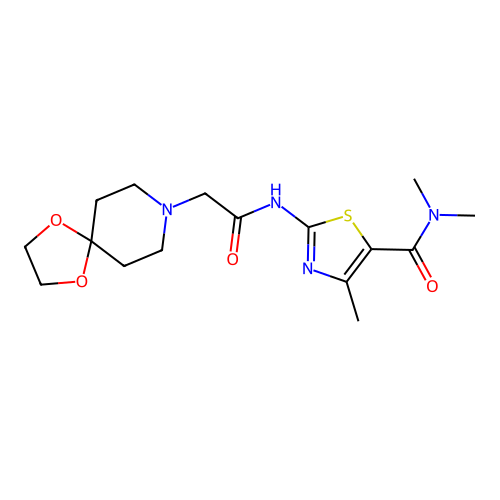 2-[[2-(1,4-dioxa-8-azaspiro[4.5]decan-8-yl)acetyl]amino]-N,N,4-trimethyl-1,3-thiazole-5-carboxamide structure
