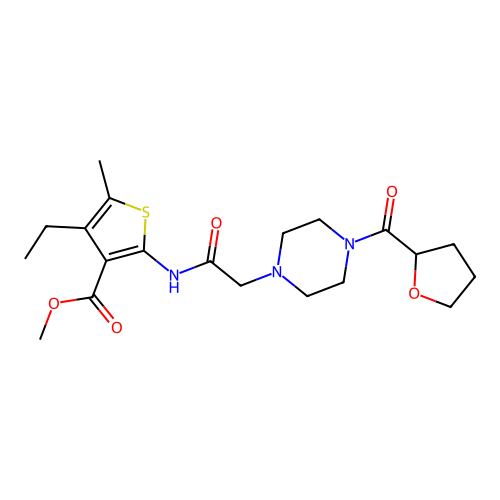 methyl 4-ethyl-5-methyl-2-({[4-(tetrahydrofuran-2-ylcarbonyl)piperazin-1-yl]acetyl}amino)thiophene-3-carboxylate structure