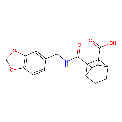 3-[(1,3-Benzodioxol-5-ylmethyl)carbamoyl]bicyclo[2.2.2]octane-2-carboxylic acid structure