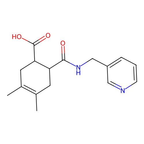 3,4-Dimethyl-6-[(pyridin-3-ylmethyl)carbamoyl]cyclohex-3-ene-1-carboxylic acid structure