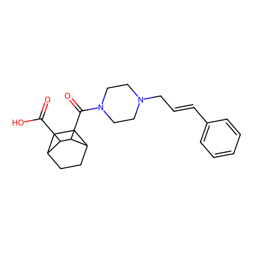 3-({4-[(2E)-3-phenylprop-2-en-1-yl]piperazin-1-yl}carbonyl)bicyclo[2.2.2]octane-2-carboxylic acid structure